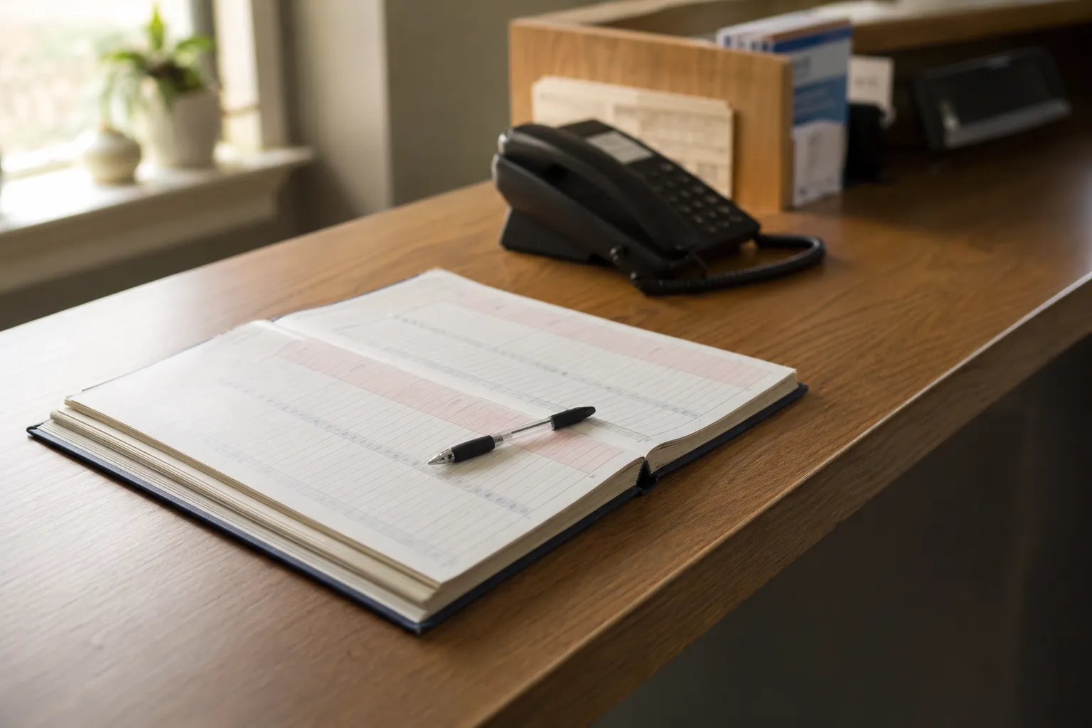 Agenda de papel sobre el mostrador de recepción