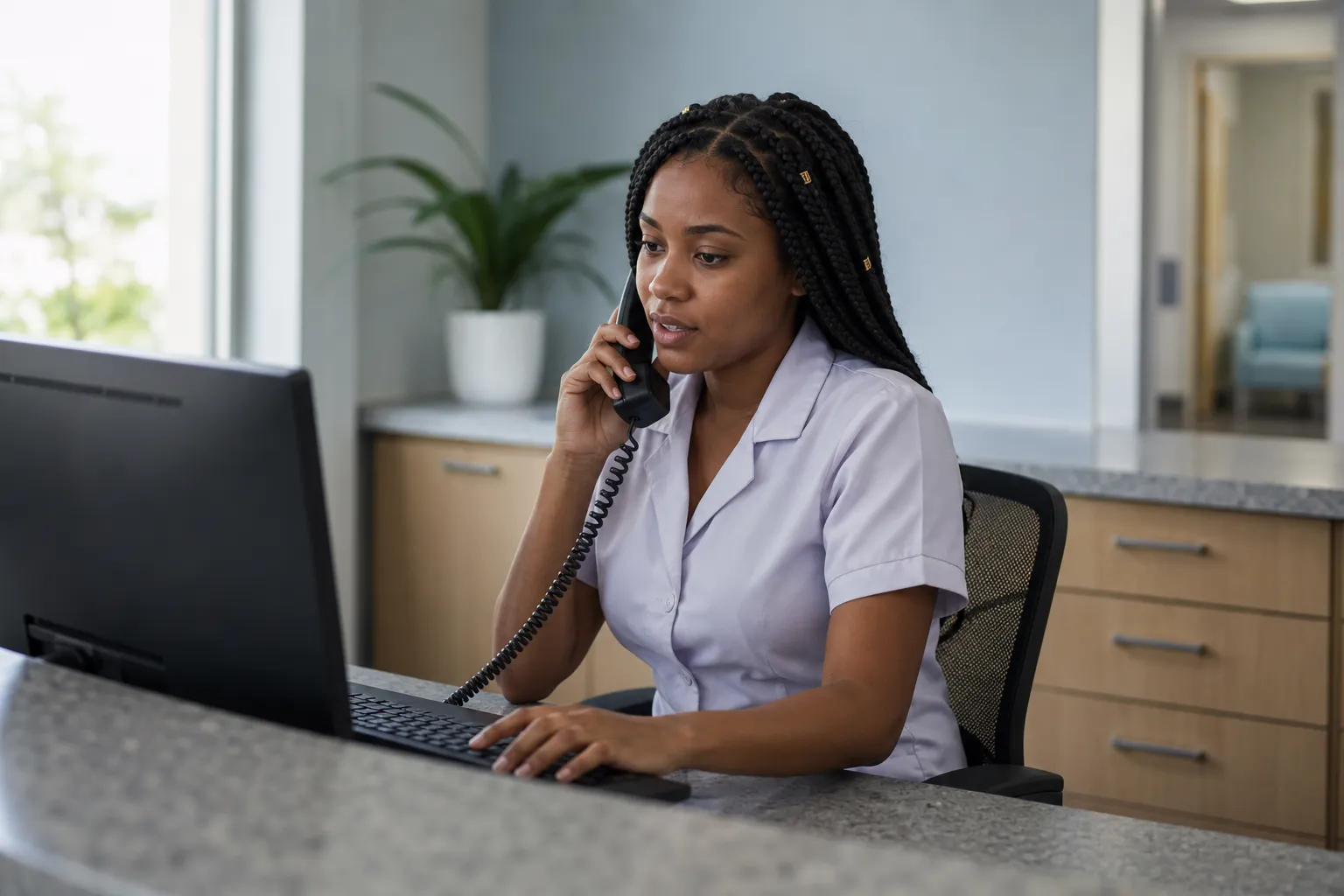 Secretaria de consultorio atendiendo el teléfono frente a la computadora
