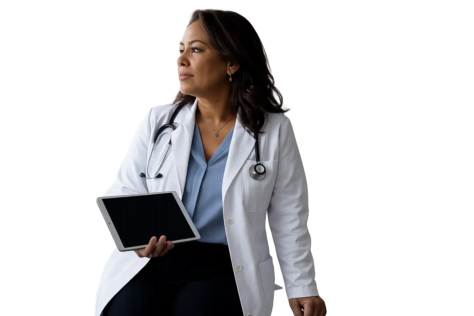 Médica revisando la agenda del día en una tableta
